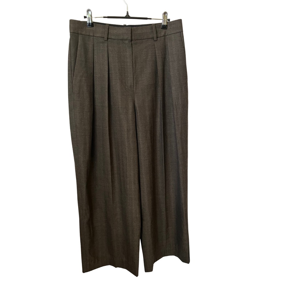 Theory Womens 10 Brown Chevron Flannel Double Pleat Wide Leg Wool Trousers